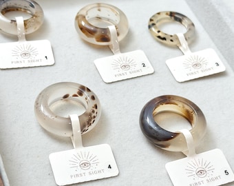 Natural Flower Agate Band Ring, Collector Grade, Unique Inclusions, Polished Smooth