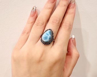 Water Drop Shape Larimar Gemstone Ring: Adjustable Sterling Silver Band