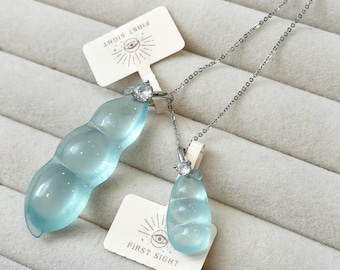 Rare Blue Xiuyan Jade PeaPod Pendants, Sterling Silver Bail, Moissanite Accents