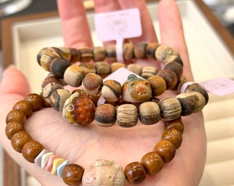 Wood and Kuka Beaded Bracelet with Alashan Charm beads. Natural Earthy Organic Jewelry