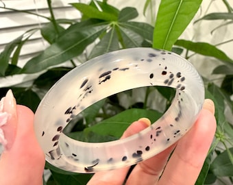 Natural Agate Bangle 55mm, Translucent Black Spot Bracelet, Dalmatian Style Crystal Jewelry
