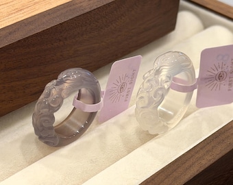 Hand Carved Natural Agate Nine Tails Fox Ring, Polished Gemstone Jewelry