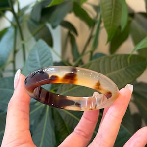 May include: A polished, translucent bangle bracelet with a mix of brown, tan, and clear sections. The bracelet is smooth and rounded, with a glossy finish. The background features green foliage.
