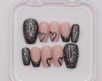 Pink and Black Glitter Heart Nails | Handmade Gel X Nails