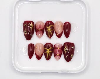 Red and Gold Press On Nails | Handmade Gel X Nails