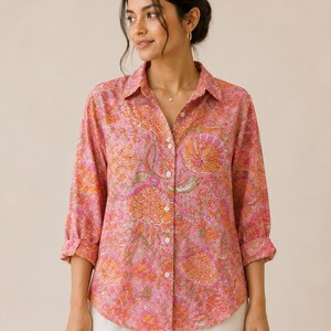 Pink Floral Button-Up Shirt for Women | Vintage Boho Cotton Blouse | Long Sleeve Collared Top | Cottagecore Casual Spring Summer Shirt