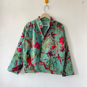 Mint Green Bird Print Velvet Jacket,Bohemian Velvet Bird Print Coat,Bridesmaid Robe,Velvet Jacket,Handmade Velvet Quilted Coat,Hippie Jacket