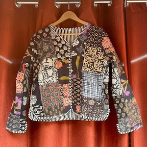 Handmade Quilted Cotton Jacket, Indian Block Print Patchwork Cardigan