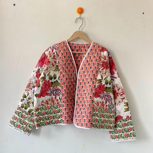 Handmade Reversible Quilted Indian Jacket: Boho Floral Print Cotton Coat,Women Wear New Style Coat,Partywear OR Gift For Her, Christmas Gift