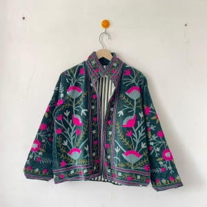 Velvet Suzani Jacket, Hand Embroidered Boho Floral Coat, Artisan Made Outerwear, Festival Outfit Heavy Suzani Embroidered Coat Women outfit