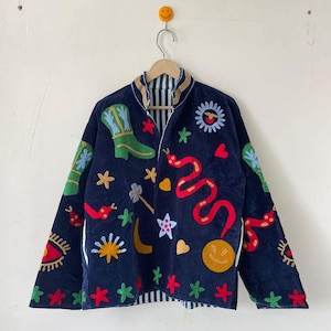 Celestial Snake Suzani Jacket – Embroidered Sun, Moon, Stars Boho Velvet Coat Suzani Short Jacket, Hand Embroidered Jacket For Women