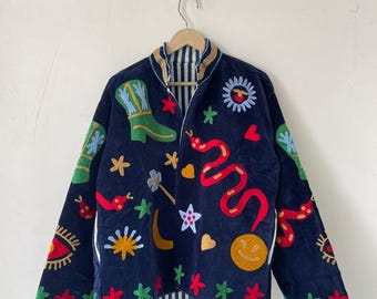 Celestial Snake Suzani Jacket – Embroidered Sun, Moon, Stars Boho Velvet Coat Suzani Short Jacket, Hand Embroidered Jacket For Women