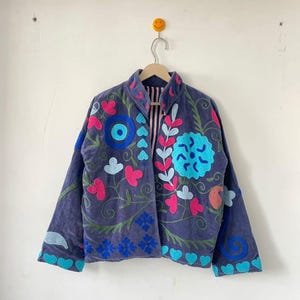 Velvet Suzani Embroidered Jacket: Handcrafted Floral Design, Handmade Suzani Kantha Boho Embroidered Velvet Jacket | Handmade Floral Jacket