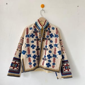 Handmade Cotton Suzani Handcraft Embroidered Jacket, Boho Floral Design Coat, Women outfit Jackets Coastal Boho Jacket Beige Summer