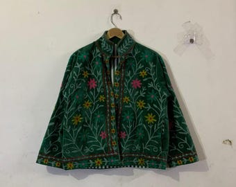 Green Velvet Suzani Embroidered Jacket, Boho Short Coat Suzani Jacket, Oversized Embroidered Jacket, Relaxed Fit Boho Coat, Luxury Outerwear