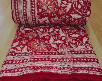 Red Floral Print Beautiful Hand Block Printed Cotton Quilt, Red Floral Print Quilt, Reversible Quilt, Soft Cotton Quilt, Kantha Quilt