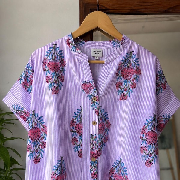 Luxury Soft Cotton Indian Hand Block Print Cotton Shirt Purple Striped Floral Top Relaxed Fit Jaipur Blouse Summer Loose Button Down Tunic