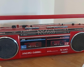 JVC RC-W40 80's Red Boombox - twin cassette tape with radio.  Classic style in desirable colour. New belts fitted. Battery / Mains. Mixtape