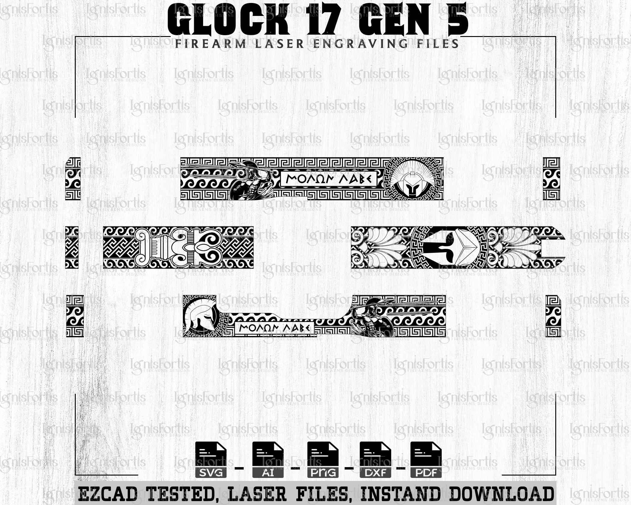 Arme à feu spartiate Glock17 Gen5 personnalisée Fichiers de gravure laser, fichiers de défilement, défilement SVG, motif svg, fichiers numériques Ai Png Dxf, svg