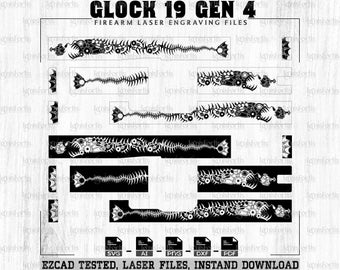 Arme à feu Glock19 Gen4 personnalisée Squelette de poisson Fichiers de gravure laser, fichiers de modèle, modèle SVG, svg de conception de modèle, fichiers numériques Ai Png Dxf.