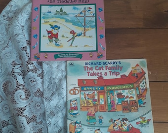 Richard Scary Book Bundle, The Treasure Hunt and The Cat Family Takes a Trip, Vintage 90s Kids Paperback Books