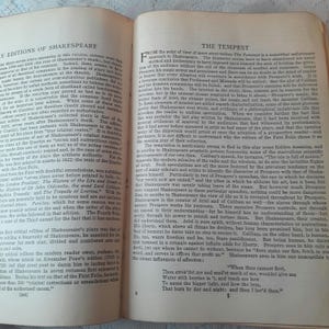May include: Open book with text on aged paper. The left page features "Early Editions of Shakespeare" and the right page displays "The Tempest." The text is in black, with a vintage aesthetic.