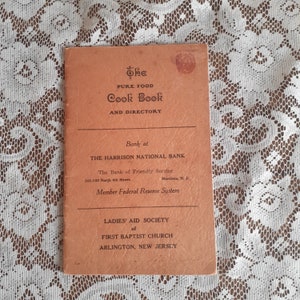 Church community book — The Pure Food Cookbook by Ladies Aid Society, Vintage Church Recipes, Arlington NJ, Local History Cookbook