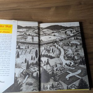 May include: An open hardcover book featuring a black and white ink illustration of a rural landscape with rolling hills, a house, and a garden. The left page shows text about Rabbit Hill by Robert Lawson, while the right page displays a detailed map.