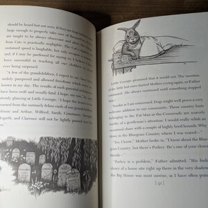 May include: An open book with black text on white pages. The left page features a black and white illustration of several gravestones in a grassy area. The right page shows a black and white drawing of a rabbit resting its paws on a wooden ledge.