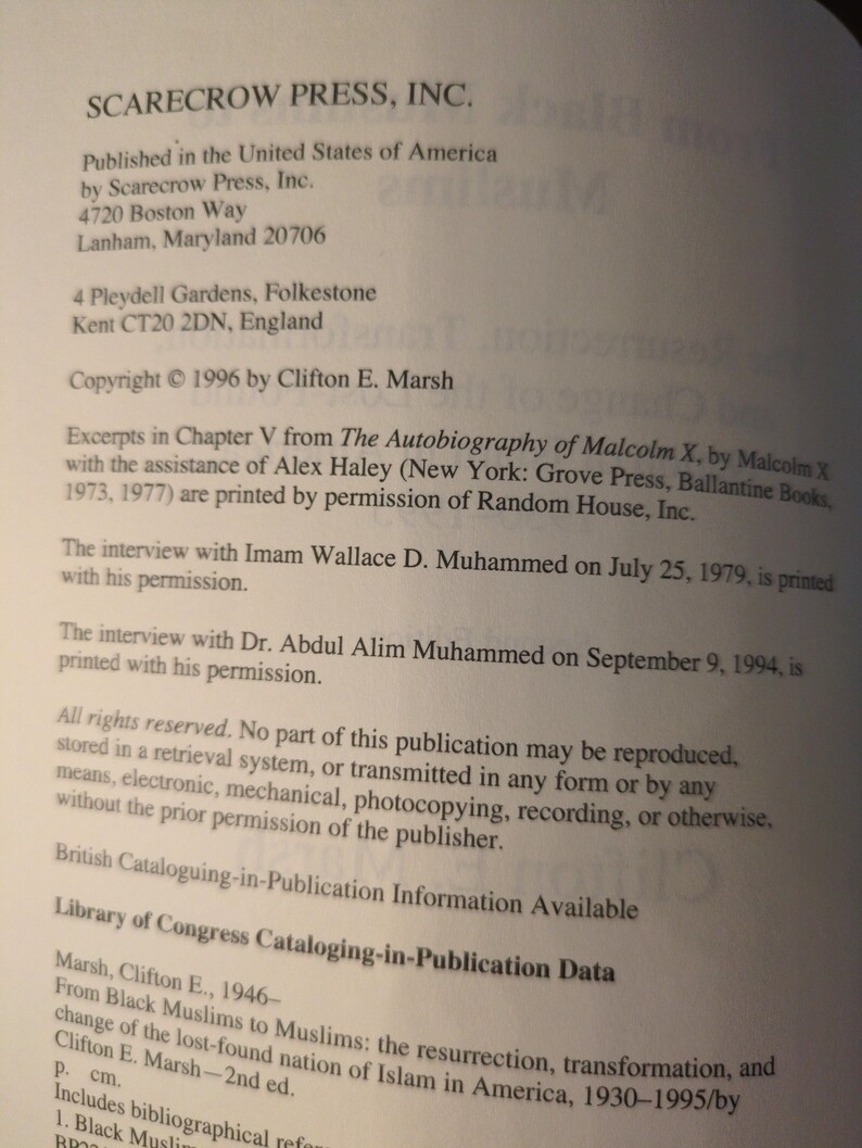 May include: A page from a book with text from Scarecrow Press, Inc. The text includes publication information, copyright details, and excerpts from The Autobiography of Malcolm X. The page is printed on white paper.