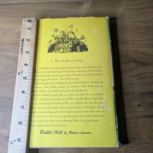 May include: A yellow book jacket for Rabbit Hill by Robert Lawson, featuring a black ink illustration of a rabbit and mouse. A wooden Westcott ruler is placed along the left edge, showing the book height is approximately 9.5 inches tall.
