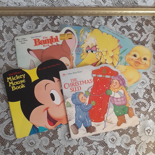 Vintage Golden Super Shape Book Children's 80s Paperback Book Lot, Christmas Sled, Friendly Duck, Mickey Mouse, Bambi, Big and Little Book