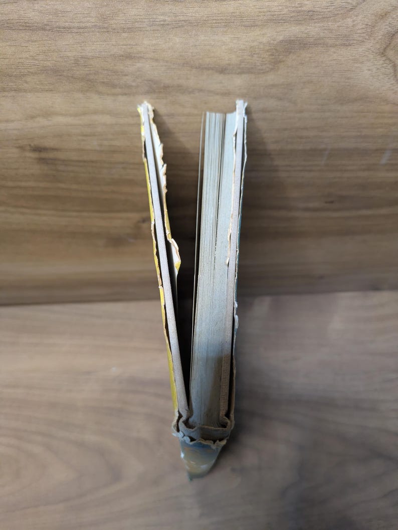 May include: A book with a yellow cover and a damaged, detached spine showing the internal binding and paper pages. The cover edges are frayed and worn, revealing the structural layers of the book's construction from a top-down perspective.