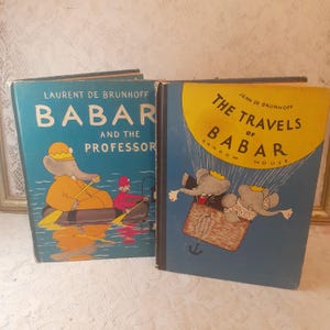 Vintage Children&#39;s Book Set, Babar The Elephant by Jean de Brunhoff, 1960s Hardcover Set: The Travels of Babar, Babar and the Professor