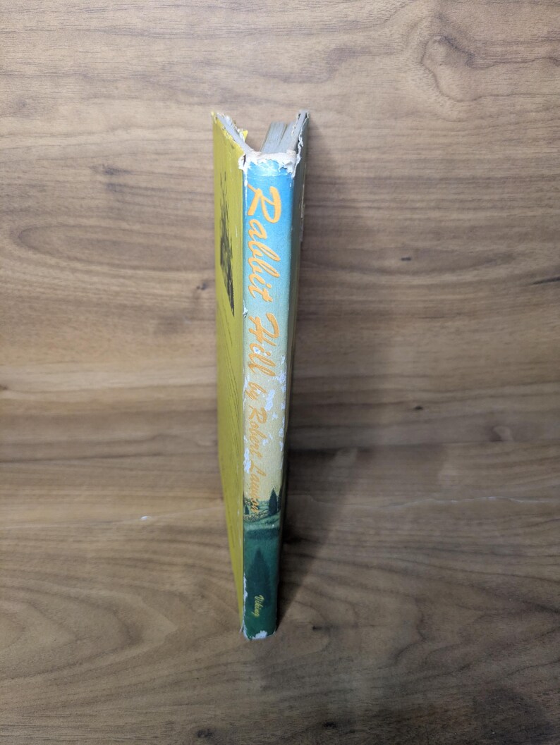 May include: The spine of a hardcover book titled Rabbit Hill by Robert Lawson. The spine features a light blue sky background transitioning to a green landscape at the bottom, with yellow text. The publisher name Viking is printed at the base.