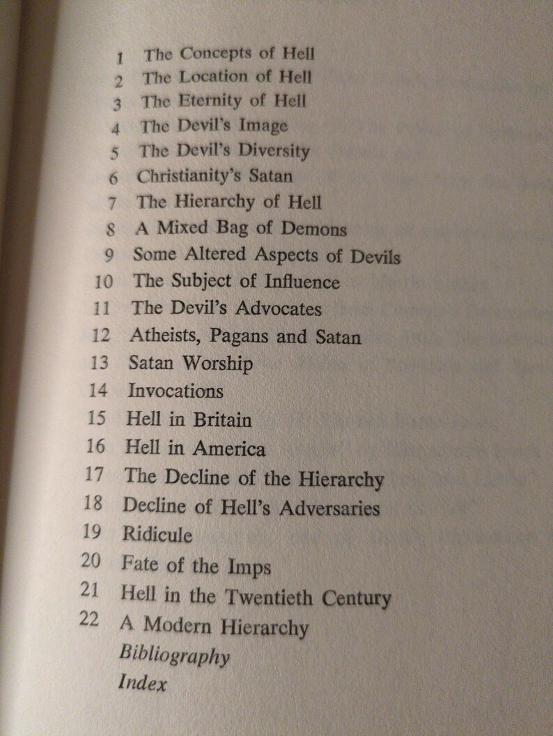 May include: A book's contents page, listing topics about hell such as "The Devil's Image," "Satan Worship," and "Hell in America." The text is in black on a cream-coloured page.