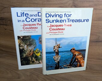 Vintage ocean exploration books, Diving for Sunken Treasure and Life and Death in a Coral Sea by Jacques-Yves Cousteau, 1971 hardcover set