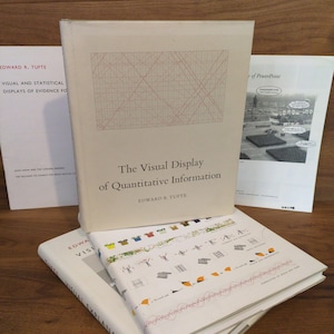 May include: A stack of books with white covers, featuring titles like "The Visual Display of Quantitative Information" and "Visual Explanations." The books have text and diagrams on the covers, with a wooden surface in the background.
