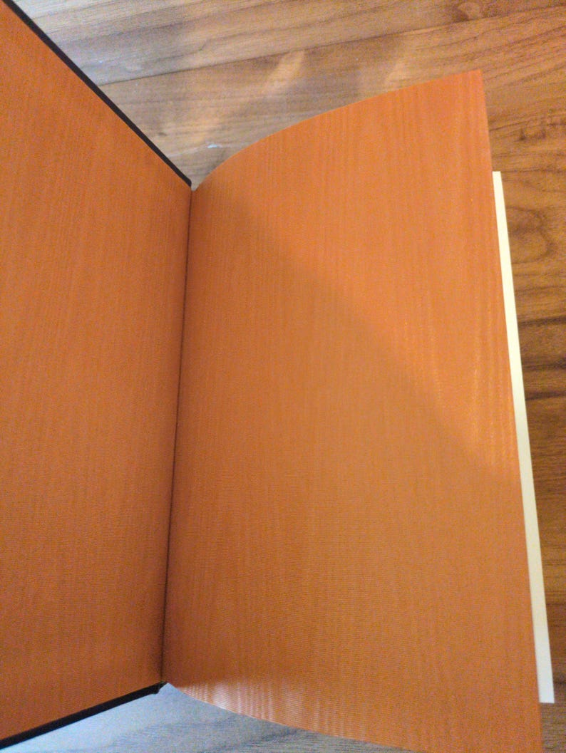 May include: An open book with orange-colored pages and a black spine. The pages have a textured appearance, and the book is positioned on a wooden surface. The book's pages are a warm, inviting color.