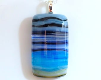 Blue Seascape Pendant Necklace - Beach Necklace - Handmade Fused Glass Jewellery - Made in U.K. EP 1238