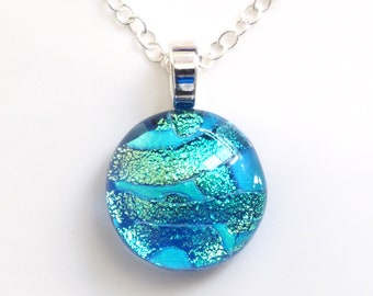 Blue and Turquoise Green Dichroic Glass Pendant Necklace - Round Glass Necklace - Handmade Necklace - EP 1324