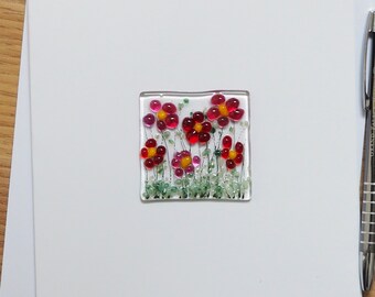 Glass Flowers Greetings Card - Handmade Fused Glass Card - Pink Red Flowers - Birthday Card - Keep and Frame Card - EGC 1301