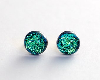 Aqua Turquoise Dichroic Stud Earrings - Green Fracture Glass Earrings - Stud Earrings - Dichroic Glass Studs - Turquoise Earrings - ES 993