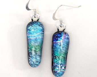 Light Blue Earrings - Blue Dichroic Glass Earrings - Dichroic Glass Jewellery - Glass Drop Earrings - Fired Creations Glass - EE 1384