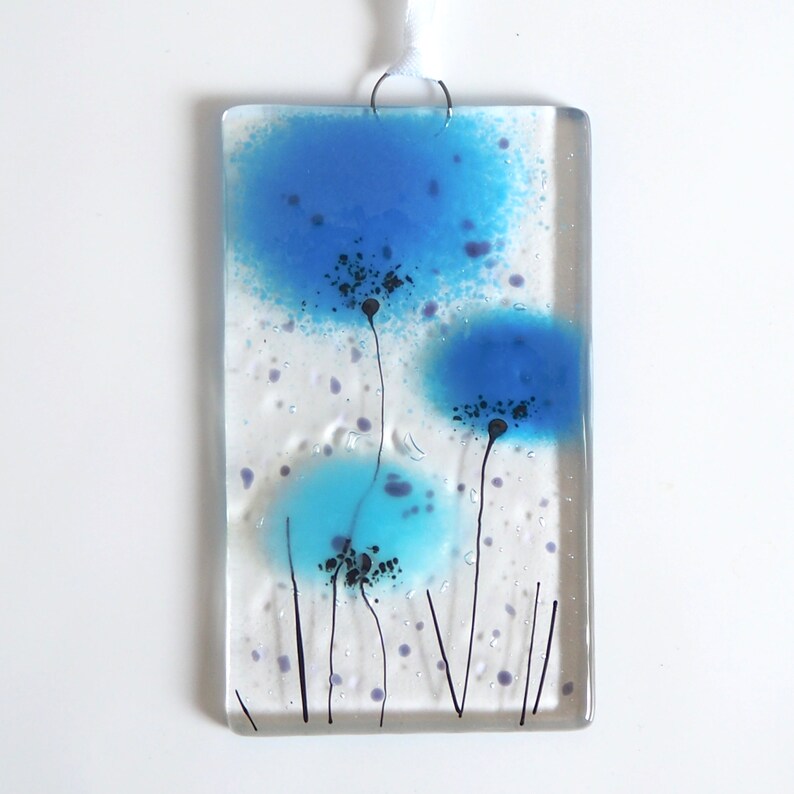 Fused Glass Wall Art Poppy Turquoise Blue Flower Glass Art Etsy