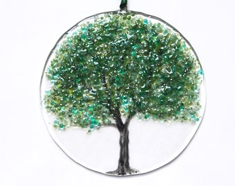 Fused Glass Suncatcher - Summer Tree Glass Art - Round Green Tree Art - Home Decor - Fired Creations EH 1305