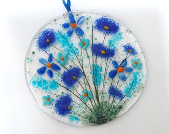 Fused Glass Sun-catcher – Blue Flowers, Handmade Home Decor