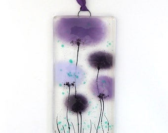 Fused Glass Poppy Wall Art: Handmade Purple Flower Suncatcher EH 1170