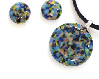 Speckled Fused Glass Jewelry Set: Pendant and Sterling Silver Earrings EP 1298
