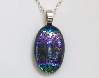 Purple Plum Green Oval Dichroic Glass Pendant Necklace - Dichroic Glass Necklace -  Glass Jewellery - Handmade Necklace - EP 1345